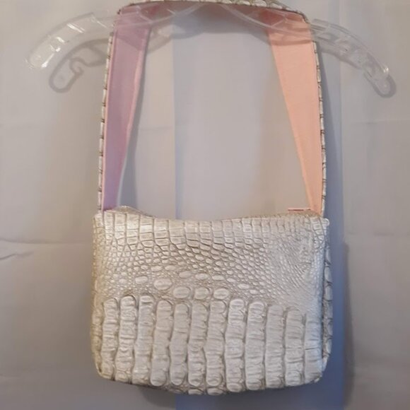 NEW Alligator print pebbled Faux Leather Satchel Shoulder Bag Beige Pink Minimal - Picture 5 of 11